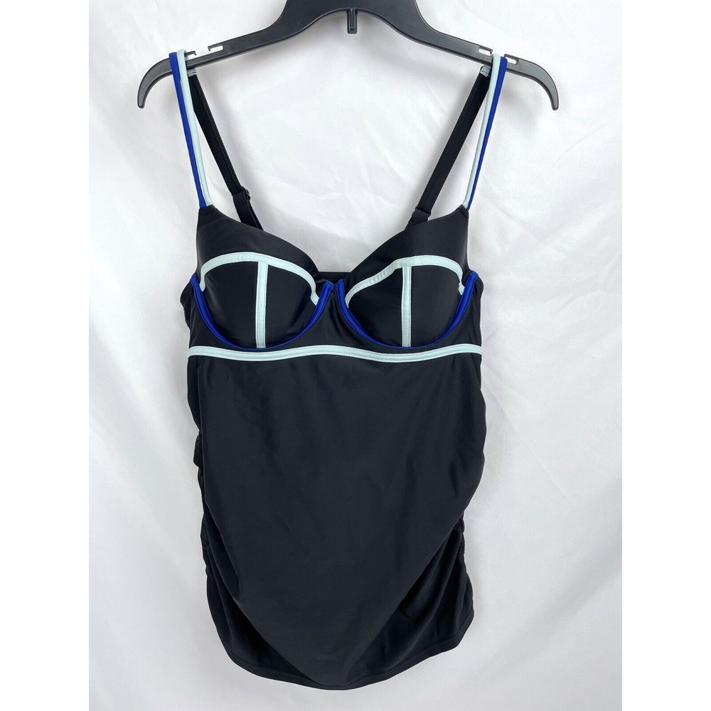 Cacique Women Size 36C Black‎ Swim Top Tankini Padded Bra Underwire Blue Trim